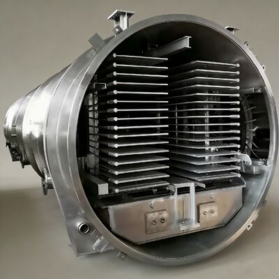 Промышленная сублимационная сушилка с размерами камеры 12700x2600x3300 мм, холодильным агрегатом BITZER или Leybold и уровнем вакуума менее 13 Па, обеспечивающая сублимационную сушку